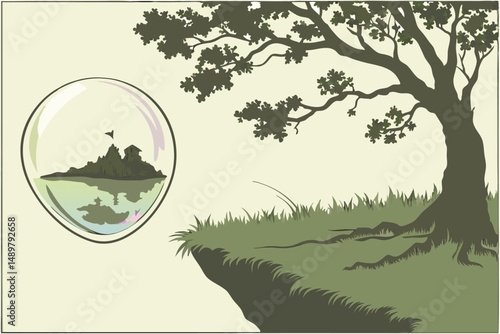 77 a crystal glass sphere, a lush green tree, a small pond, a floating island, natural lighting, surreal, detailed, cinematic, 8k