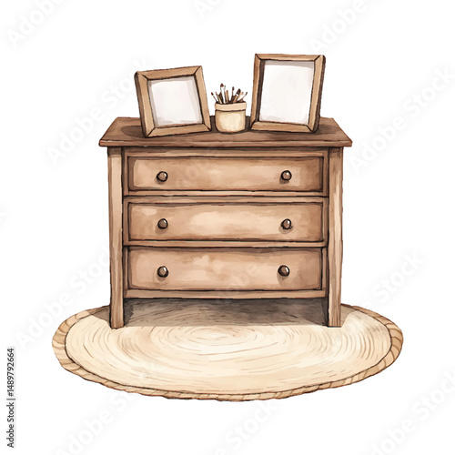 Watercolor chest of drawers with frames and rug home decor illustration