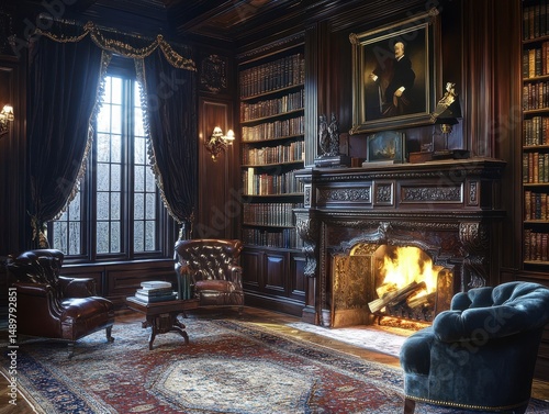 A cozy library interior with a fireplace and bookshelves
