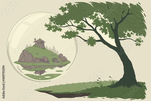 77 a crystal glass sphere, a lush green tree, a small pond, a floating island, natural lighting, surreal, detailed, cinematic, 8k