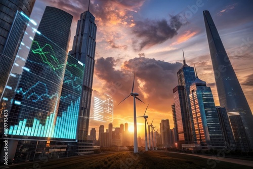 Cityscape with skyscrapers and wind turbines at sunset