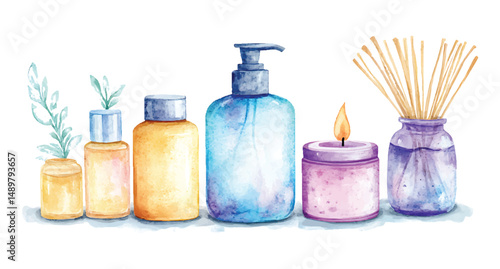 Watercolor spa set illustration with candle lotion and reed diffuser vector
