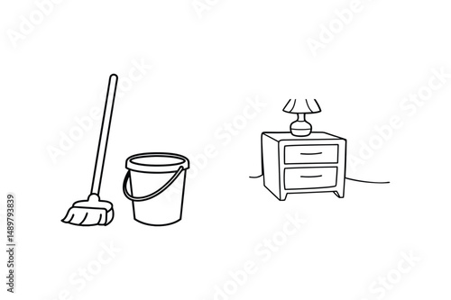 Vector illustration of housekeeping and bedroom objects cleaning and furniture arrangement