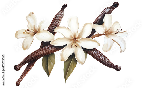 Watercolor vanilla bean pods and flowers transparent background vector png illustration