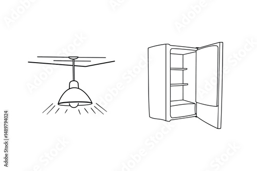 Minimalist line drawing of a ceiling lamp and a refrigerator with open door