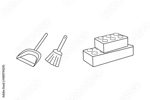 Simple line drawing of broom dustpan and building blocks for clean up and construction