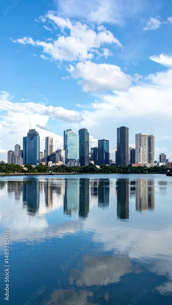 Fototapeta premium Stunning City Skyline Reflected in Serene River Under Blue Sky