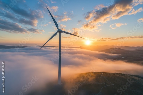 Wallpaper Mural Sunrise, wind turbine, and clouds. A majestic wind turbine stands tall above a sea of clouds, bathed in the golden hues of a sunrise Torontodigital.ca