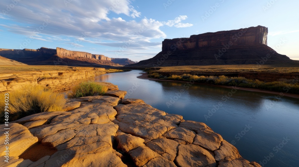 Fototapeta premium Flowing water reflects the warm colors of sunset against majestic rock cliffs. Lush grasses line the banks as the sky transitions to twilight, highlighting the natural beauty