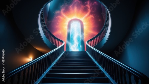 Futuristic staircase leading to a glowing portal with vibrant colors, symbolizing journeys to new worlds, technology, or spiritual awakening in a sci-fi setting