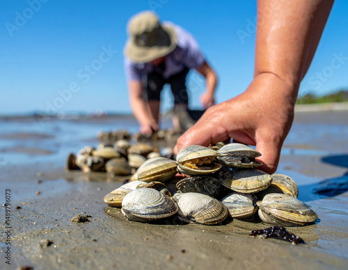 People Clam Digging on Mudflats at Low Tide