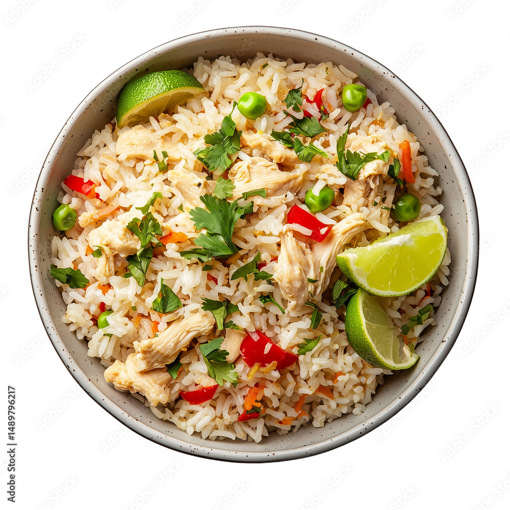 A bowl of flavorful Hainanese Chicken Rice mixed with chicken, vegetables, and lime garnishes. isolated on white background and transparent background A bowl of flavorful Hainanese Chicken Rice mixed with chicken, vegetables, and lime garnishes. isolated on white background and transparent background
