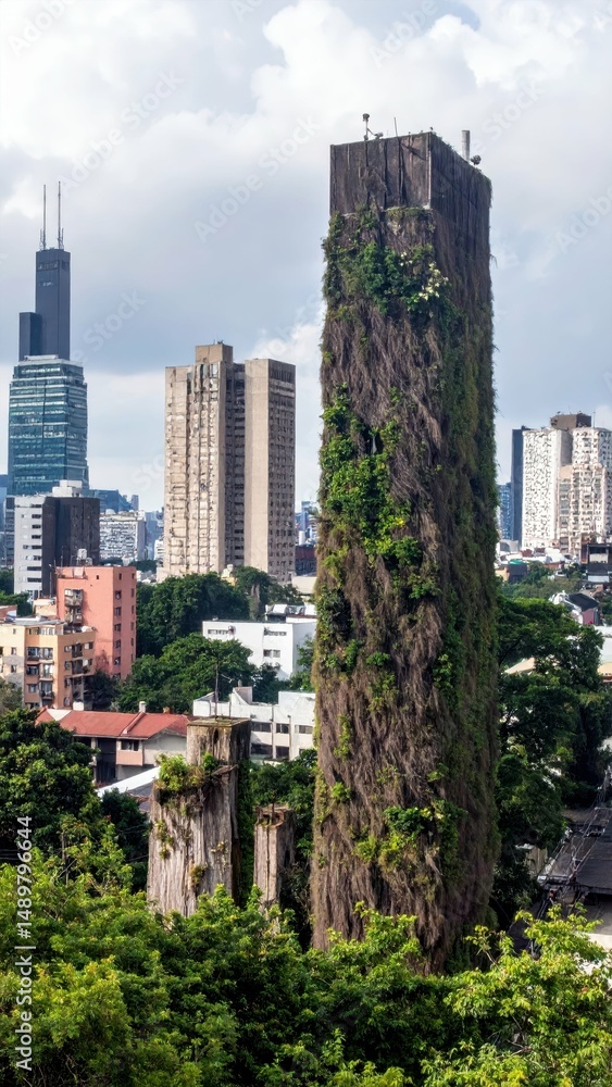 Obraz premium Urban Nature Harmony: Overgrown Trees Embracing City Skyline