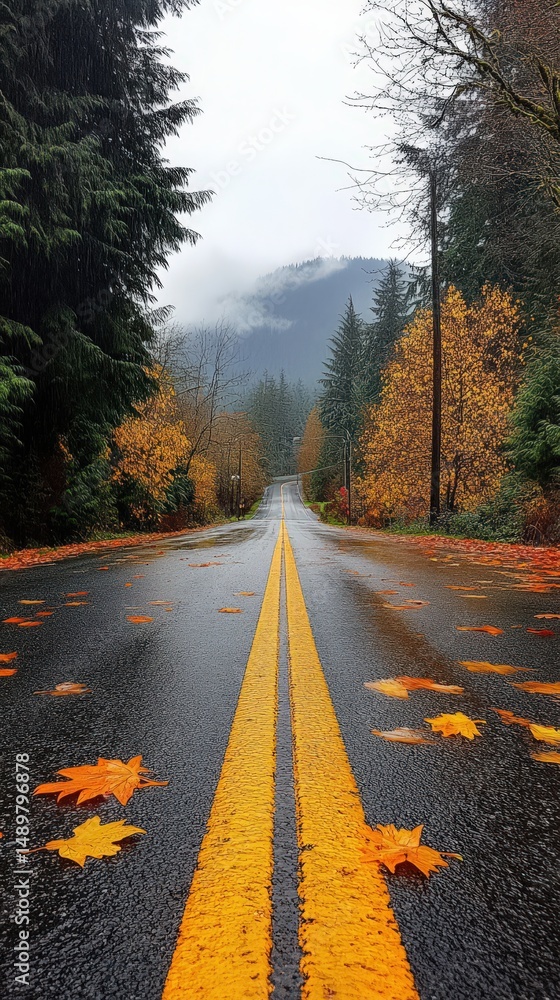 Fototapeta premium Autumn Road Wet Asphalt Path with Yellow Lines and Fallen Leaves