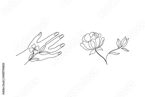 Elegant black line art of a hand holding a flower and blooming peony floral arrangement