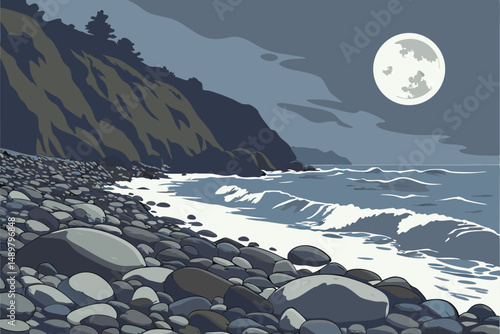 79 glass pebbles beach, colorful rocks shoreline, moonlight night sky, seascape ocean, dramatic lighting, detailed textures, cinematic composition, focus blur, ultra realistic