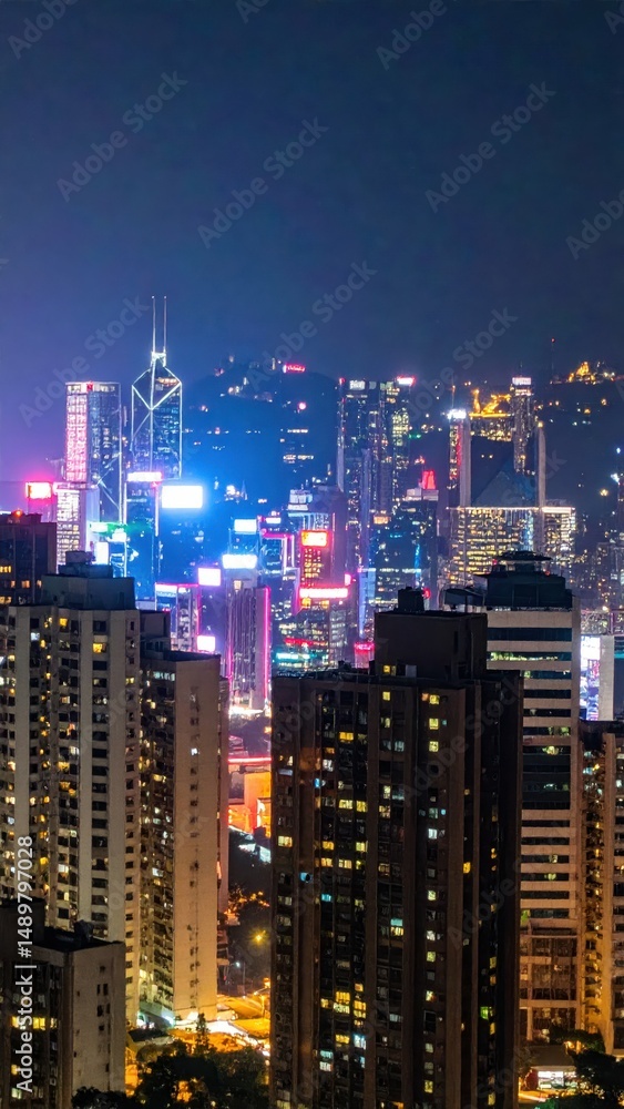 Obraz premium Vibrant Neon Skyline Overlooking City Buildings at Night View