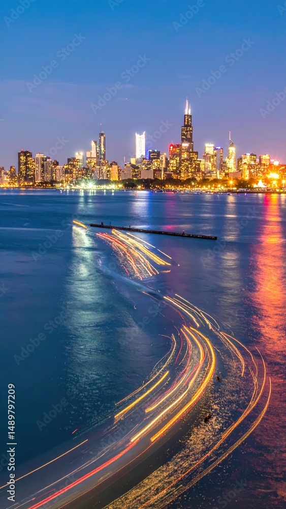 Naklejka premium Stunning City Skyline at Dusk with Reflections in Busy Harbor