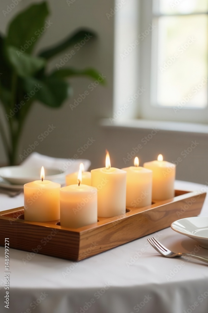 Burning candles in wooden tray, white table setting , photography, ambiance, bedroom Burning candles in wooden tray, white table setting , photography, ambiance, bedroom