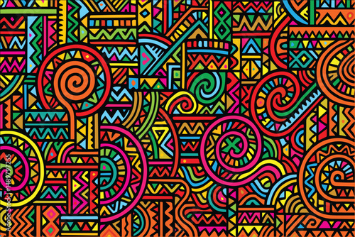 A colorful ethnic themed vector background with wavy doodle lines and tribal shapes combines tradition and modernity in a fun, artistic pattern.


