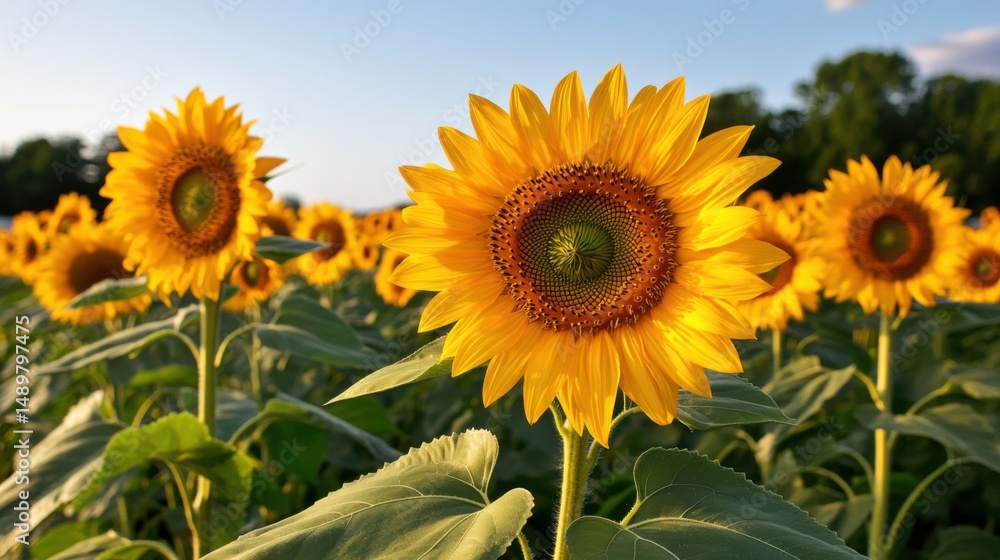 Obraz premium A field of blooming sunflowers stretches across the landscape, their bright yellow petals illuminated by warm sunlight. The scene captures nature's beauty in a tranquil rural setting