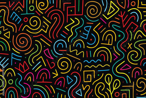 The background uses rainbow colored doodle lines to form a lively vector pattern, filled with energetic strokes and creative, freestyle hand drawn elements.
