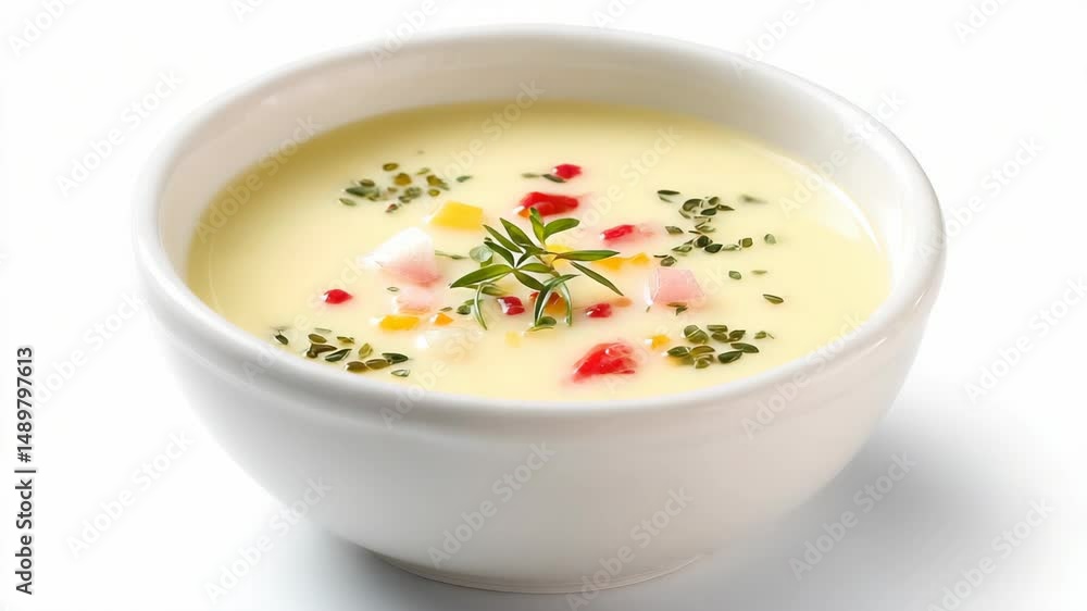 Creamy soup served in white bowl, garnished with fresh herbs, diced vegetables, and a sprig of rosemary on bright background. Creamy soup served in white bowl, garnished with fresh herbs, diced vegetables, and a sprig of rosemary on bright background.