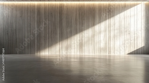 Minimalist interior wooden wall concrete floor sunlight shadow