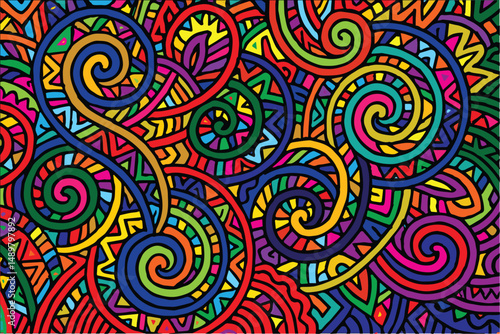 A vibrant vector background displays colorful doodle lines and ethnic shapes, blending cultural patterns with artistic flair in a bold and dynamic layout.

