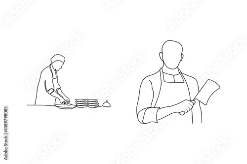 Elegant line drawing depicting culinary chefs preparing food and holding a cleaver