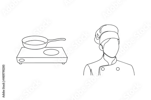 Simple line art illustration of a chef and cooking pan on a stove top