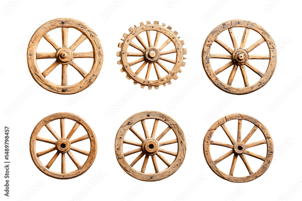Fototapeta premium Six vintage wooden wheels displayed against a trasparent background