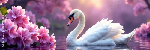 Graceful swan amidst vibrant pink & lilac hydrangeas & foliage Soft lilac backdrop , elegant, card, botanical