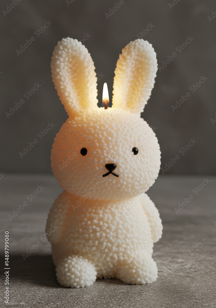 Obraz premium Cream Textured Bunny Candle Sitting on Gray Background