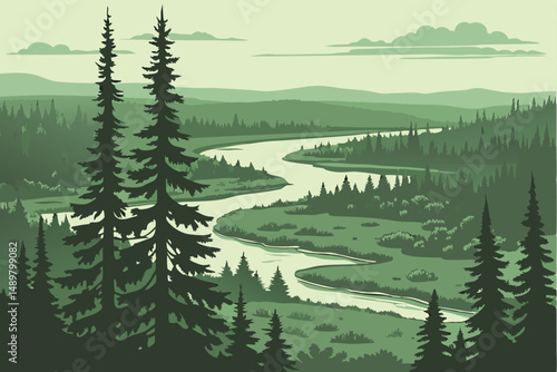 80 a lush green forest, aerial view, evergreen pine trees, winding river, lakes, wilderness, remote, serene, atmospheric, dramatic lighting, cinematic, 8k, highly detailed, matte painting style