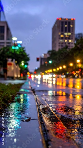 City Skyline Reflections on Wet Streets After Heavy Rain Shower