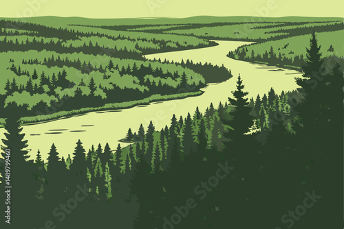 80 a lush green forest, aerial view, evergreen pine trees, winding river, lakes, wilderness, remote, serene, atmospheric, dramatic lighting, cinematic, 8k, highly detailed, matte painting style