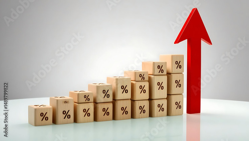 Wooden blocks with percentage signs leading up to a red arrow, concept of interest rate increase