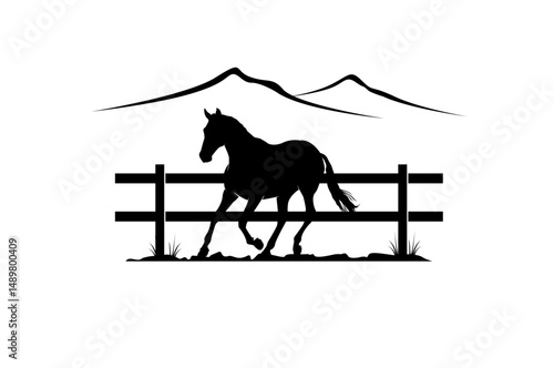 Horse silhouette behind wooden fence paddock for countryside western country farm ranch logo design