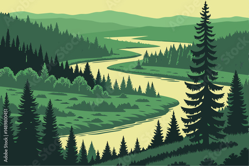 80 a lush green forest, aerial view, evergreen pine trees, winding river, lakes, wilderness, remote, serene, atmospheric, dramatic lighting, cinematic, 8k, highly detailed, matte painting style