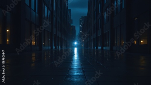 Modern bridge corridor at night with blue lighting, reflecting on the wet floor, creating a sleek and futuristic atmosphere perfect for technology and urban themes