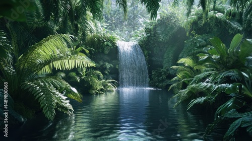Fototapeta Naklejka Na Ścianę i Meble -  Lush jungle waterfall pool; tranquil rainforest scene; nature background; travel imagery
