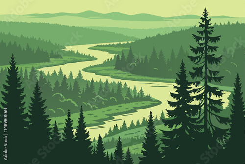 80 a lush green forest, aerial view, evergreen pine trees, winding river, lakes, wilderness, remote, serene, atmospheric, dramatic lighting, cinematic, 8k, highly detailed, matte painting style