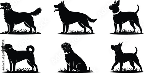 Silhouettes of five different dog breeds in grass