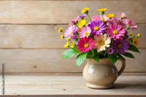 Wallpaper Mural Vibrant bouquet of colorful daisies arranged in a rustic ceramic vase, displayed on a weathered wooden surface, creating a charming and peaceful springtime scene. Torontodigital.ca