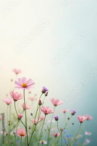 Delicate pink and purple wildflowers gently sway in a soft, ethereal light, creating a serene and peaceful natural scene.