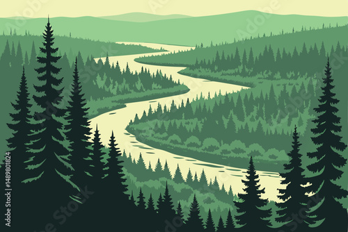 80 a lush green forest, aerial view, evergreen pine trees, winding river, lakes, wilderness, remote, serene, atmospheric, dramatic lighting, cinematic, 8k, highly detailed, matte painting style