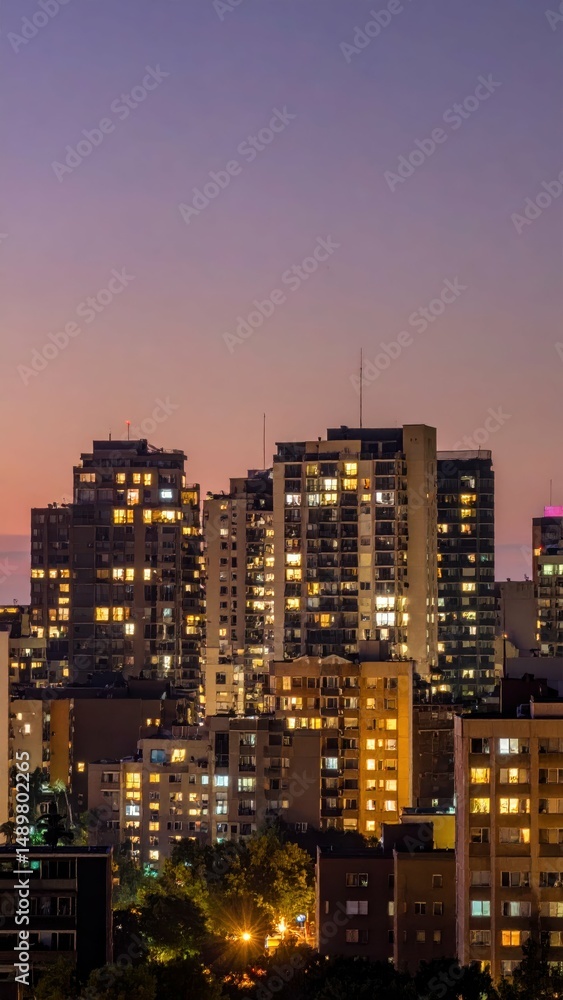 Obraz premium Serene City Skyline at Dusk with Warm Interior Light Glowing