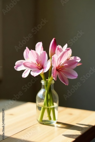 Wallpaper Mural A Delicate Bouquet of Pink Flowers in a Clear Glass Vase, Bathed in Sunlight on a Light Wood Table Torontodigital.ca