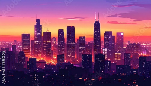 Urban Cityscape at Dusk with Warm Hues and Emerging City Lights